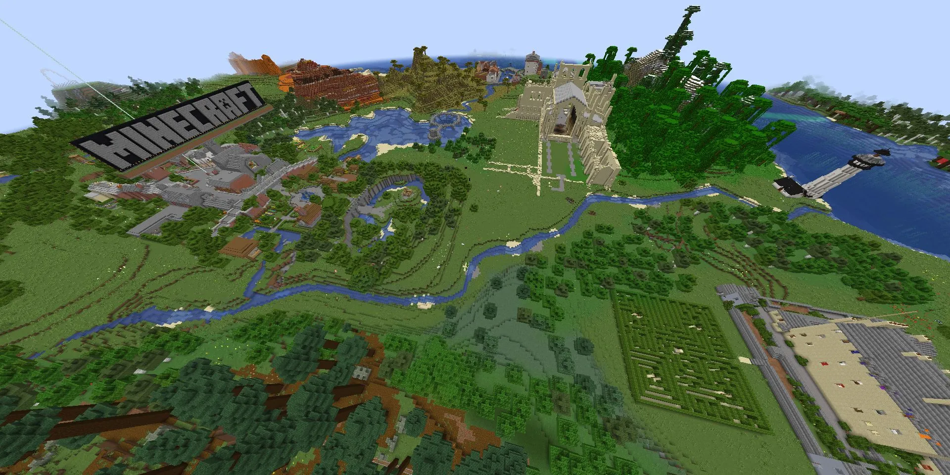 Toàn cảnh bản đồ hướng dẫn của Minecraft Legacy Console Edition với các lâu đài, công trình và logo Minecraft nổi bật