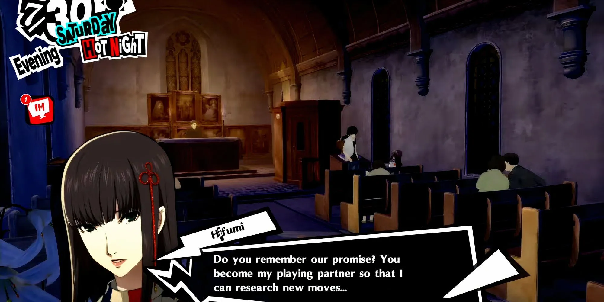 Toàn cảnh Hifumi ngồi ở nhà thờ Kanda trong Persona 5 Royal