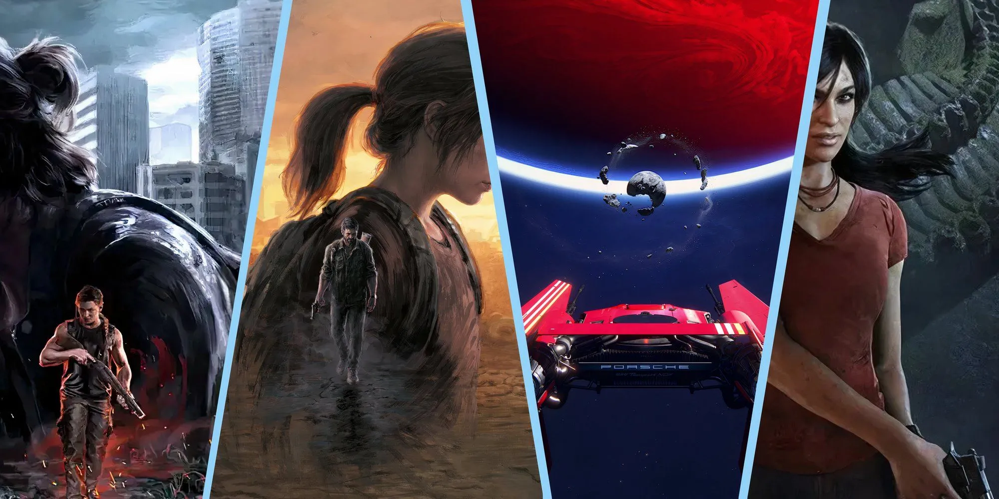 Tổng hợp 4 ảnh bìa game The Last of Us 2, The Last of Us 1, Intergalactic và Uncharted Lost Legacy của Naughty Dog