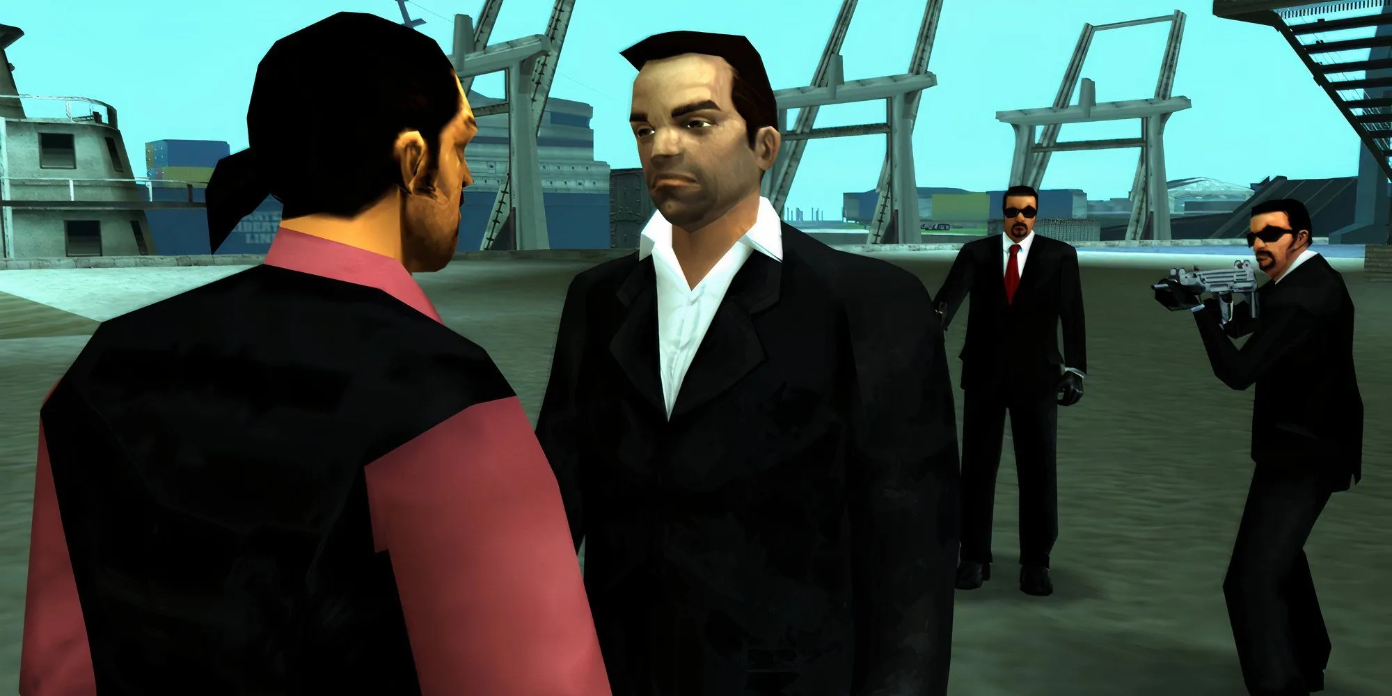 Toni Cipriani nói chuyện và được vũ trang bao quanh trong GTA Liberty City Stories