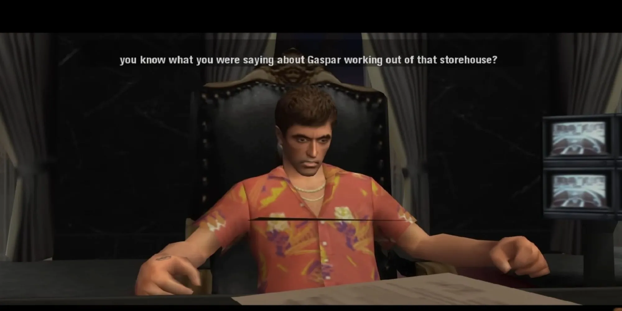 Tony Montana tại bàn làm việc trong game Scarface The World Is Yours