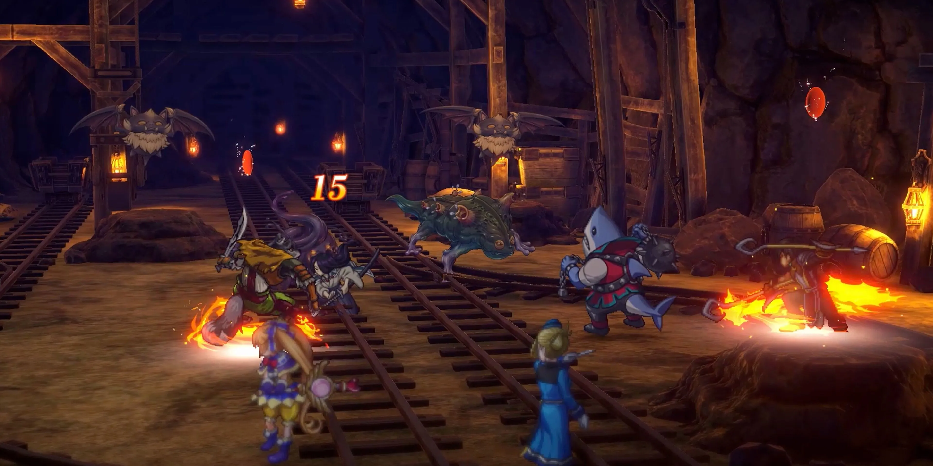 Trận chiến với nhiều nhân vật tham gia trong Eiyuden Chronicle Hundred Heroes, tựa game kế thừa tinh thần Suikoden