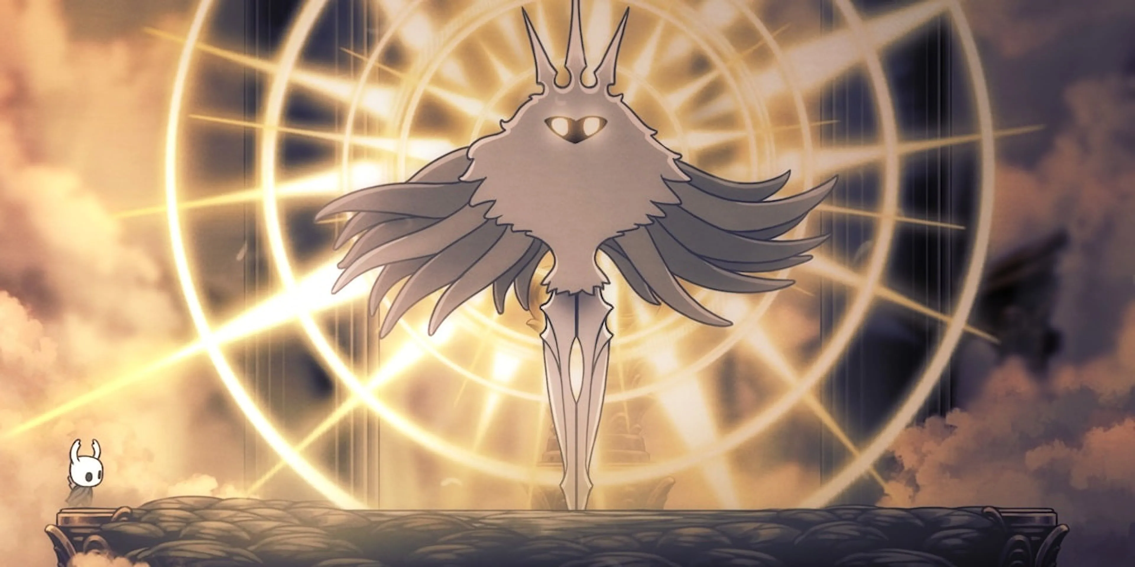 Trận đấu trùm Absolute Radiance trong Hollow Knight với khung cảnh chiến đấu căng thẳng