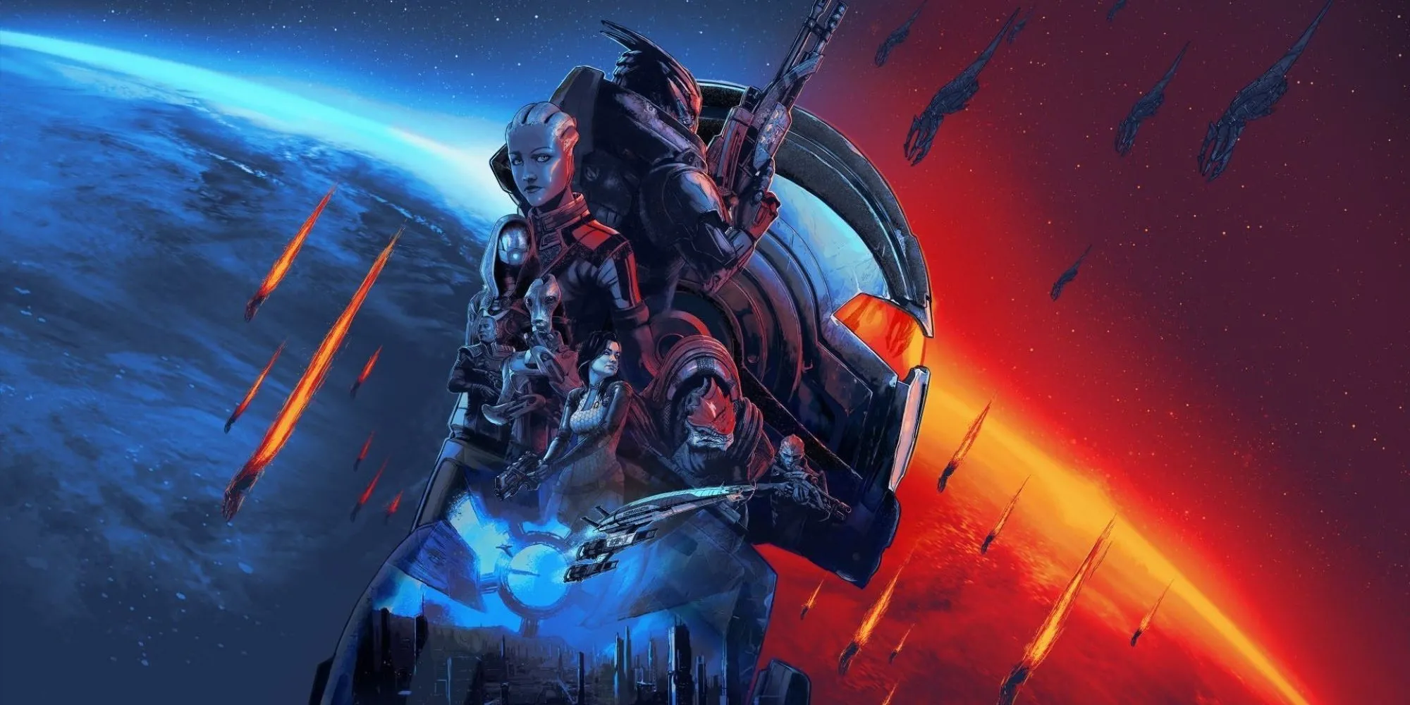 Tư lệnh Shepard và đồng đội đứng trên một hành tinh lạ, chuẩn bị cho nhiệm vụ trong Mass Effect.