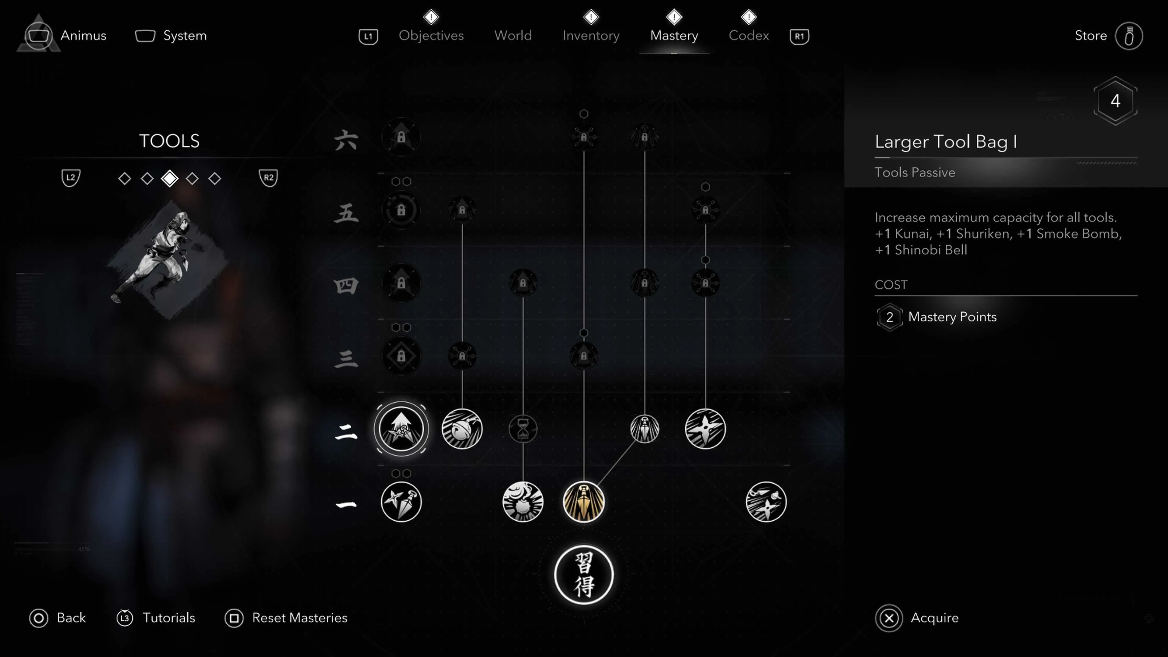 Túi công cụ lớn hơn của Naoe trong Assassin's Creed Shadows