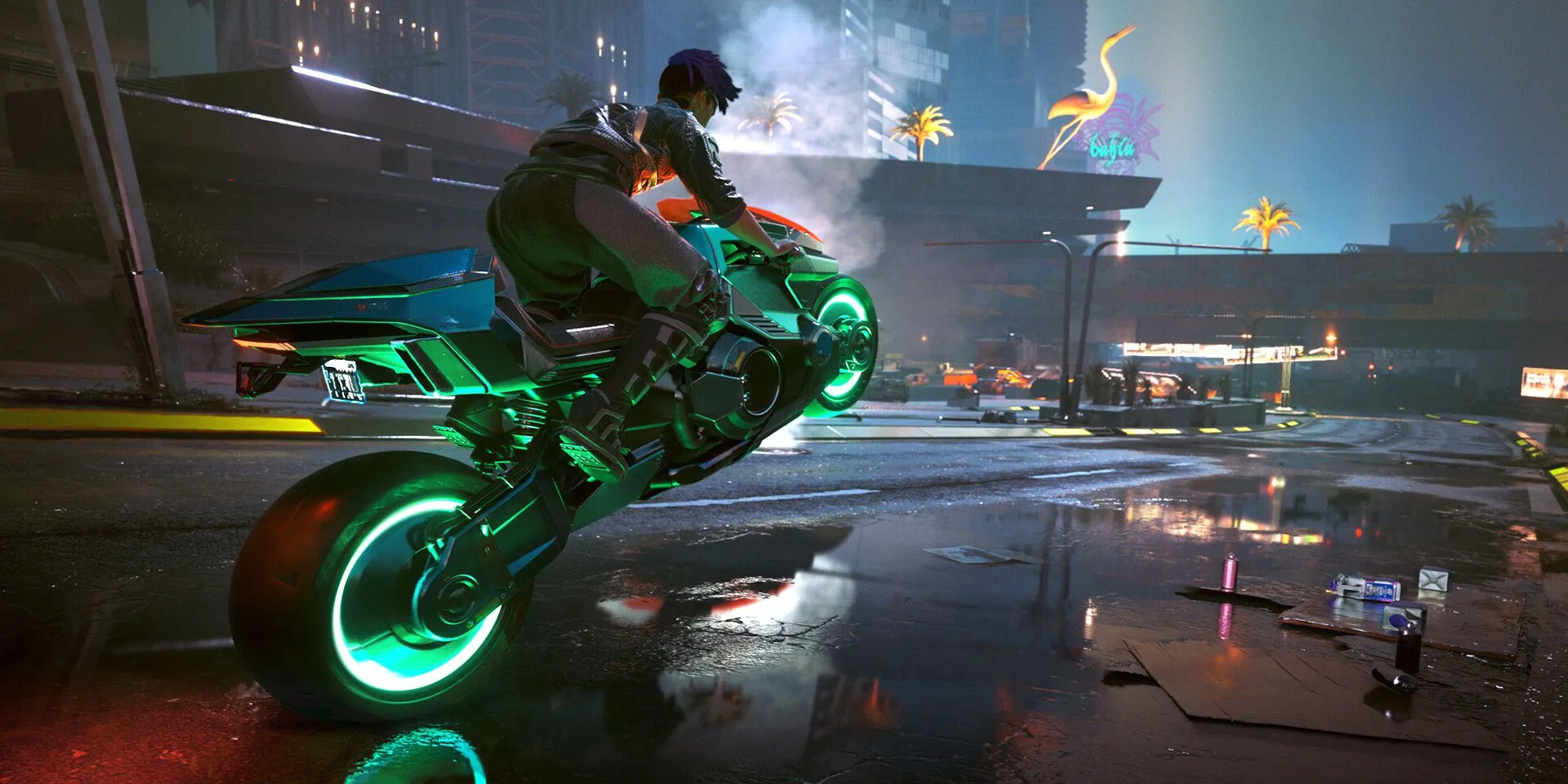 V đang lái mô tô trong thành phố Night City của Cyberpunk 2077
