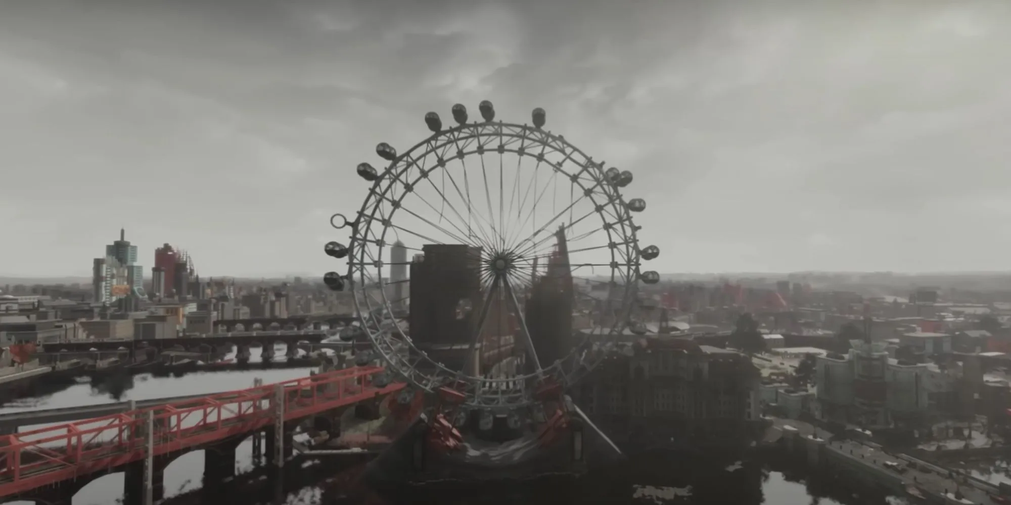 Vòng đu quay London Eye nổi bật trong bối cảnh hoang tàn của Fallout London