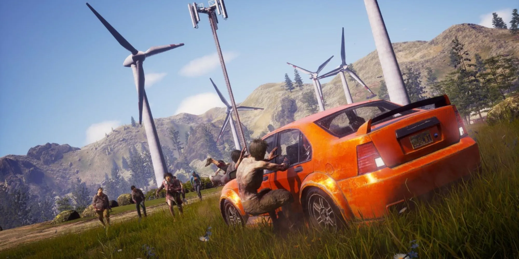 Xe màu cam trong State of Decay 2 bị zombie tấn công, các cột điện gió ở phía sau