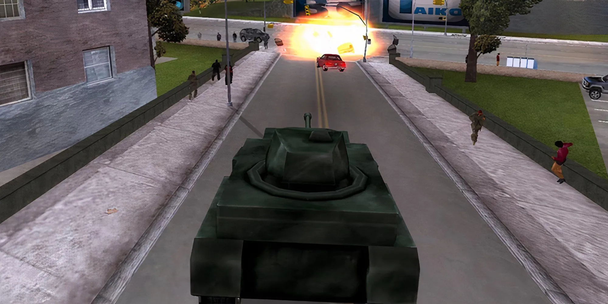Xe tăng Rhino (Panzer) xuất hiện trên đường phố Liberty City trong GTA III, gây ra cảnh tượng hỗn loạn.