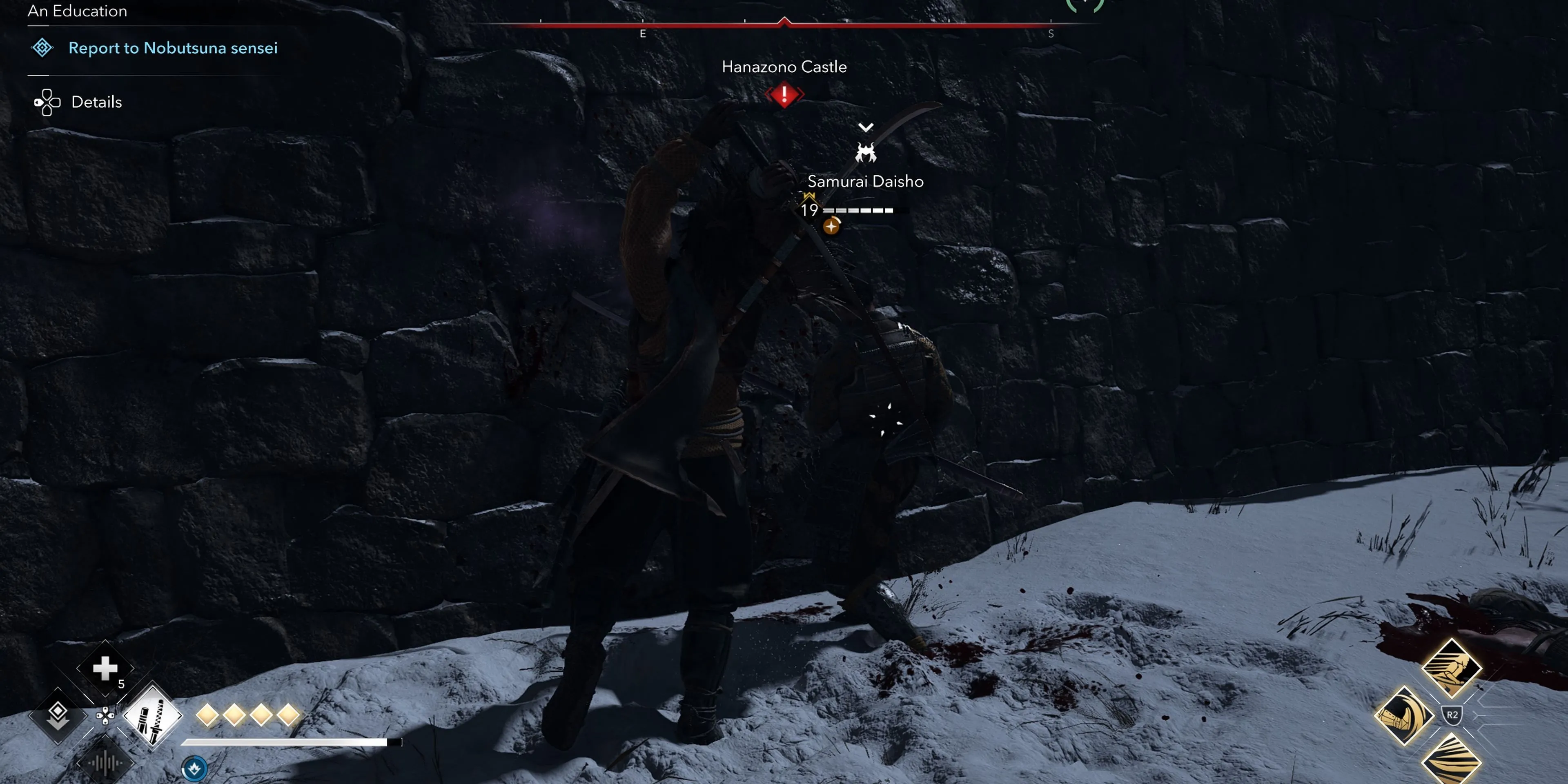 Yasuke trong trận chiến căng thẳng với Samurai Daisho, một thử thách trong các thành trì Assassin's Creed Shadows.