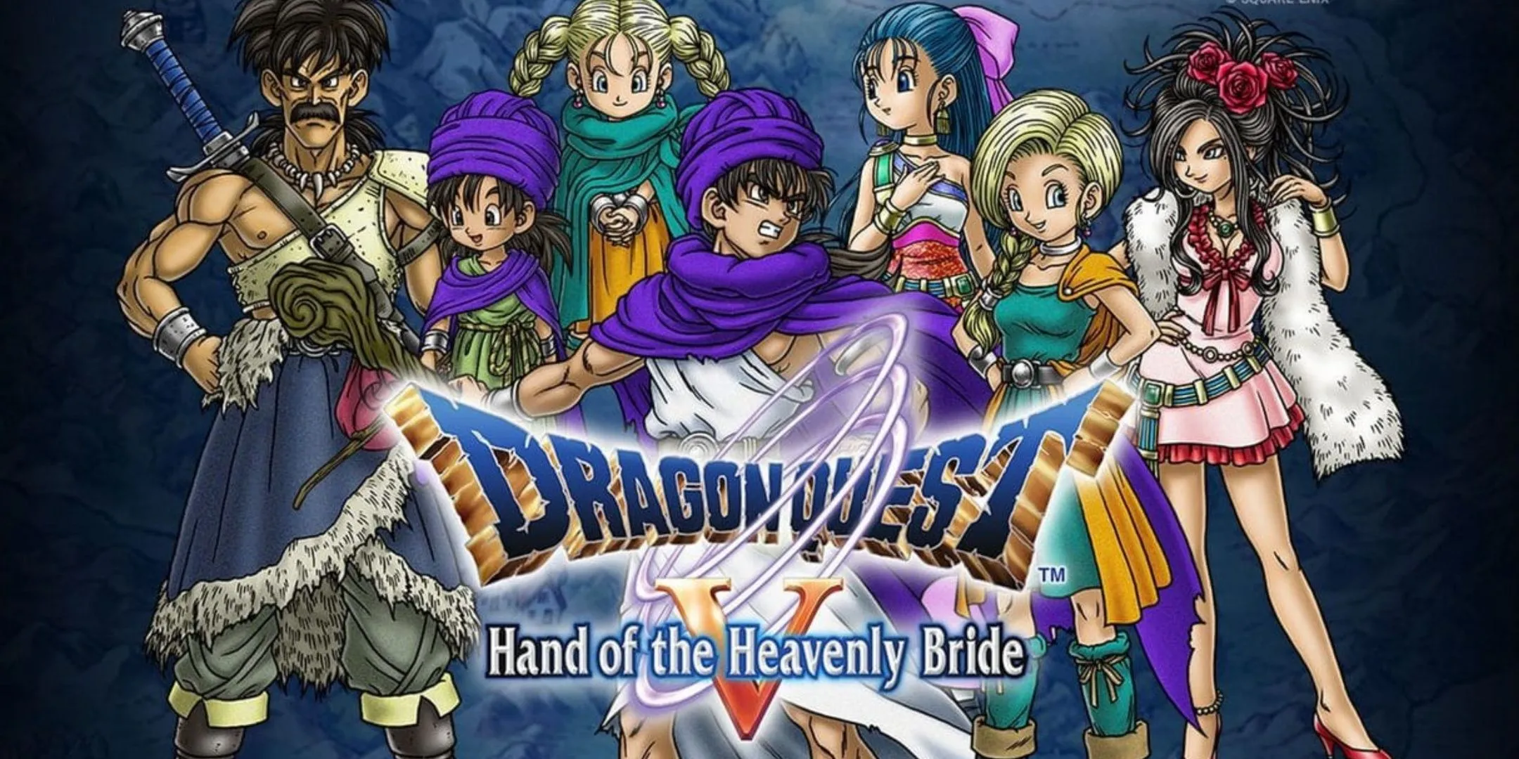 Ảnh bìa game Dragon Quest V: Hand Of The Heavenly Bride với các nhân vật chính và rồng