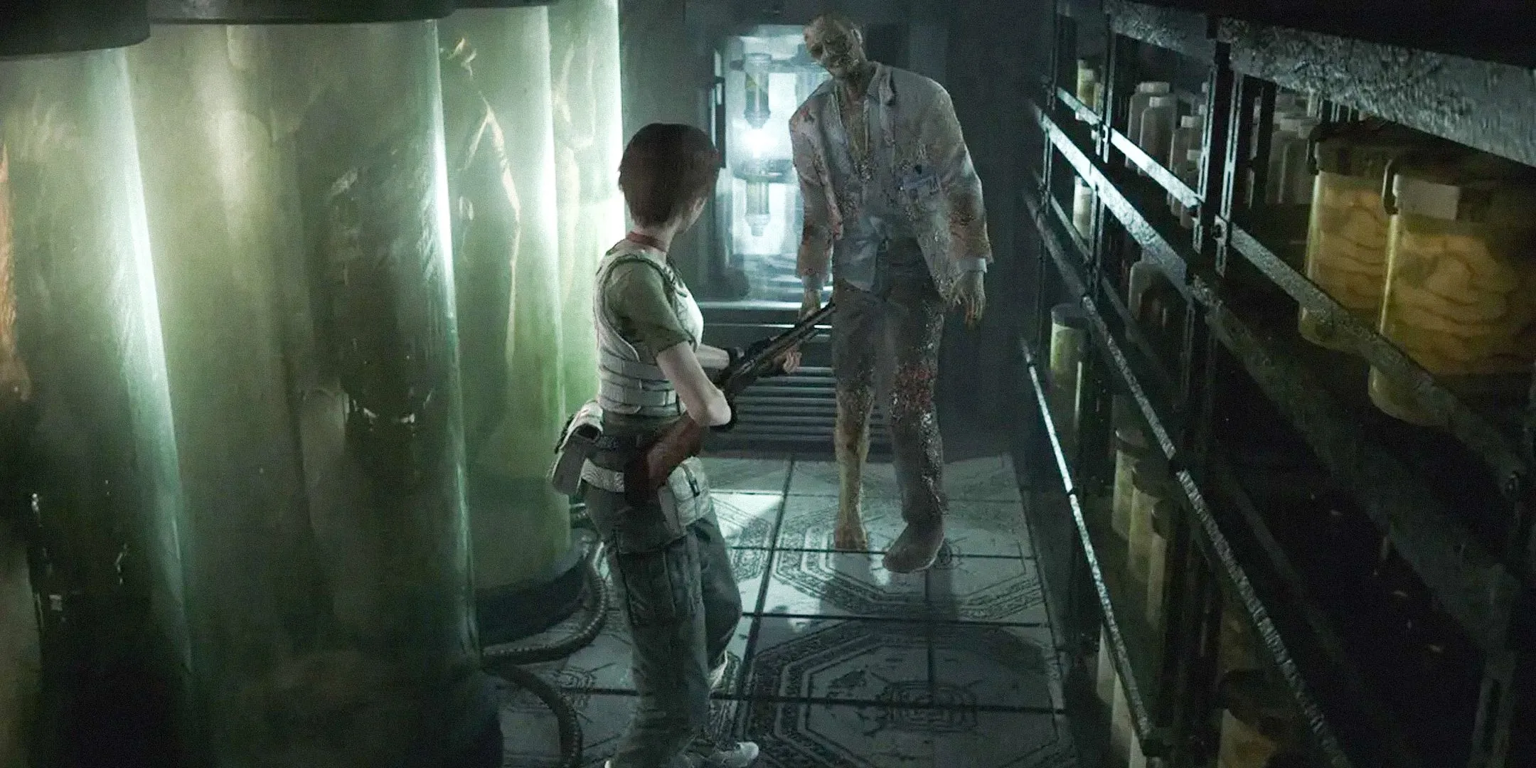 Ảnh chụp màn hình Resident Evil 0: Rebecca Chambers trong phòng thí nghiệm chĩa súng săn vào zombie, một trong những game được đồn đoán sẽ remake tiếp theo bởi Capcom.