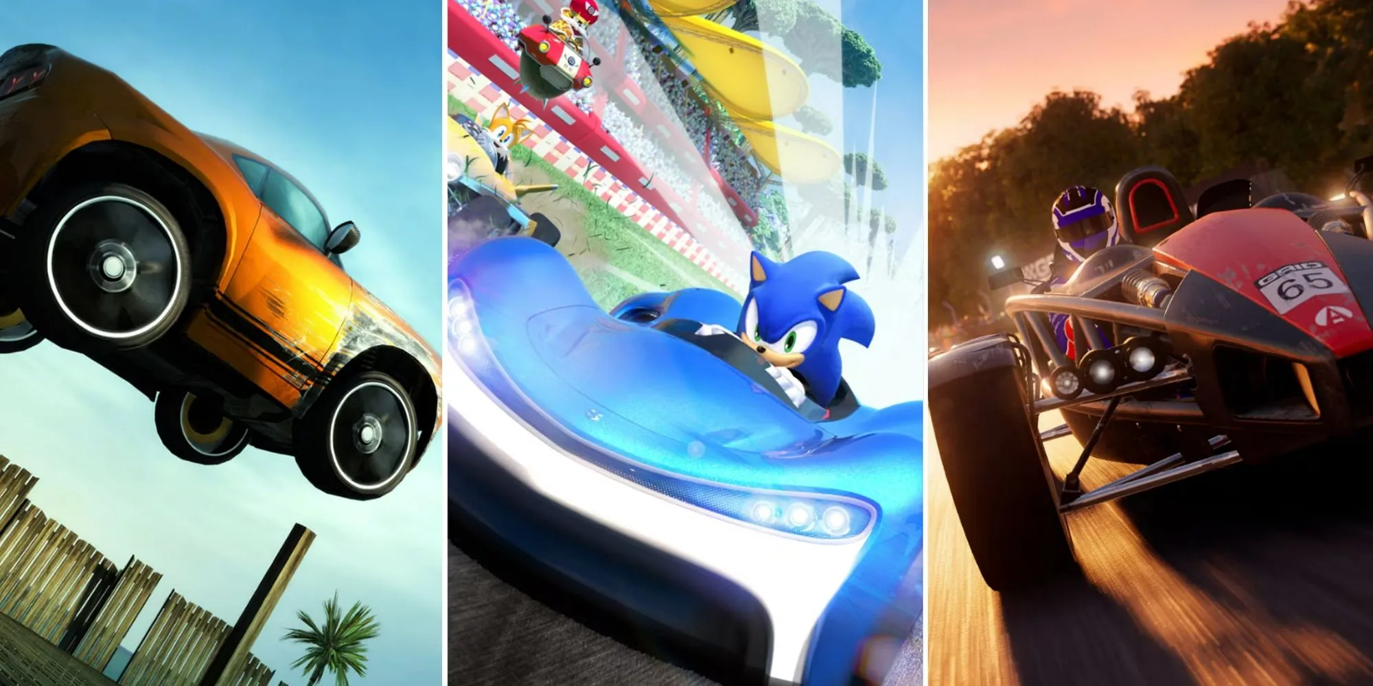 Ảnh minh họa các cảnh đua xe tốc độ cao từ nhiều game khác nhau như Team Sonic Racing và Project Cars