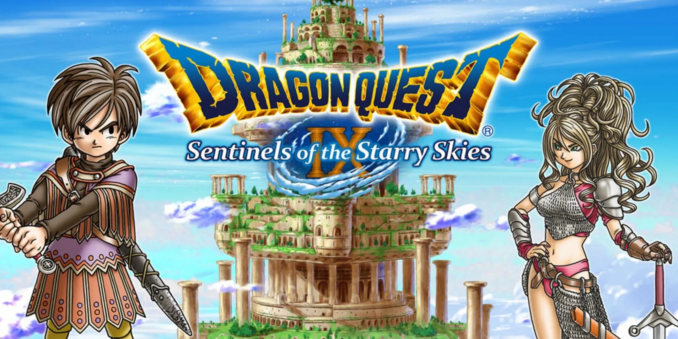 Ảnh quảng bá game Dragon Quest IX: Sentinels Of The Starry Skies với hai nhân vật và lâu đài