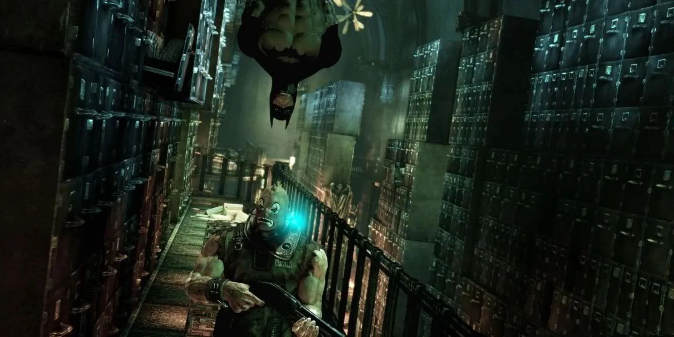 Batman thực hiện đòn hạ gục ngược từ trên cao trong Batman Arkham Asylum