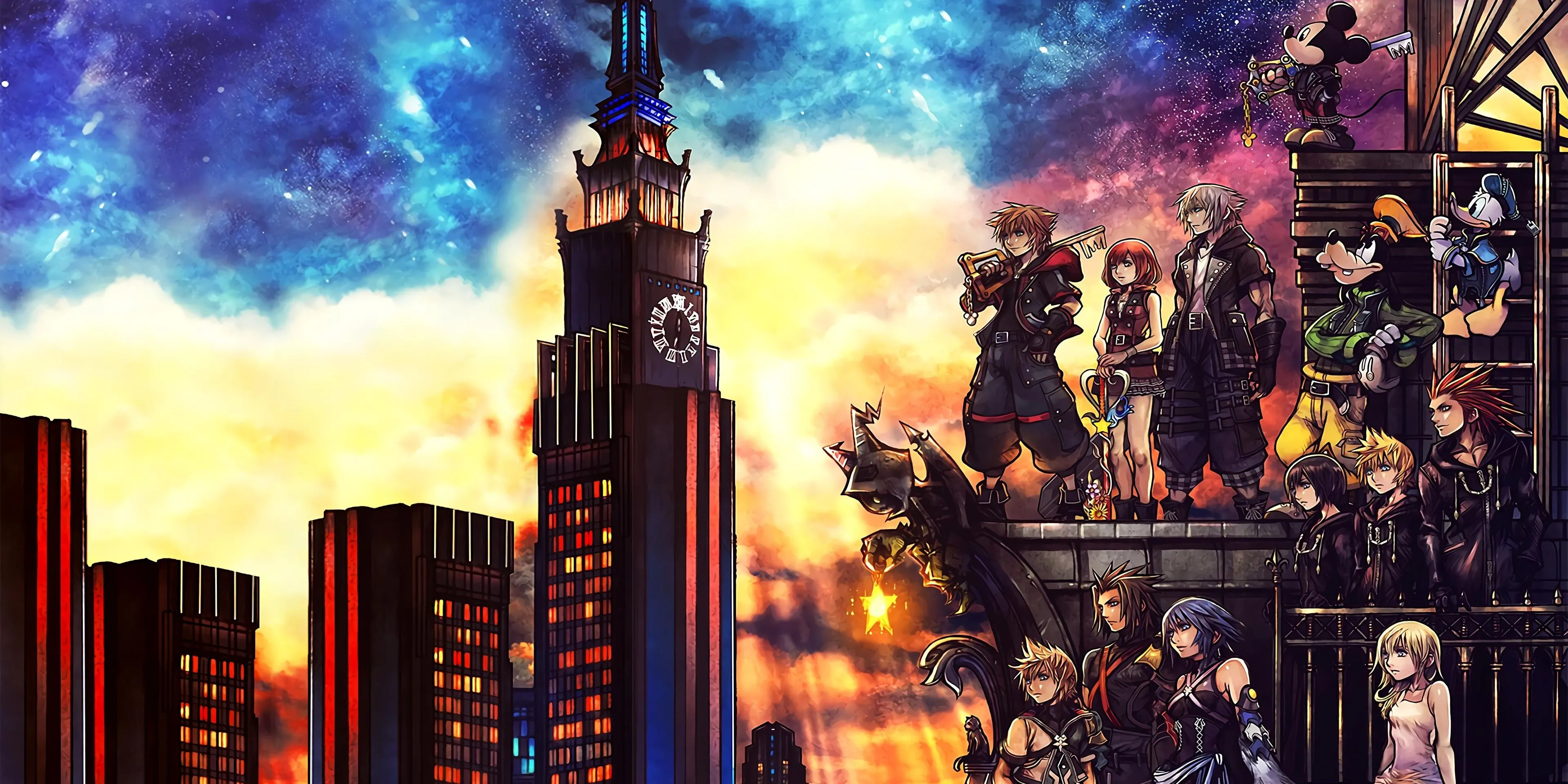 Bìa đĩa game Kingdom Hearts 3 với các nhân vật chính Sora, Riku, Kairi thể hiện chủ đề kết nối