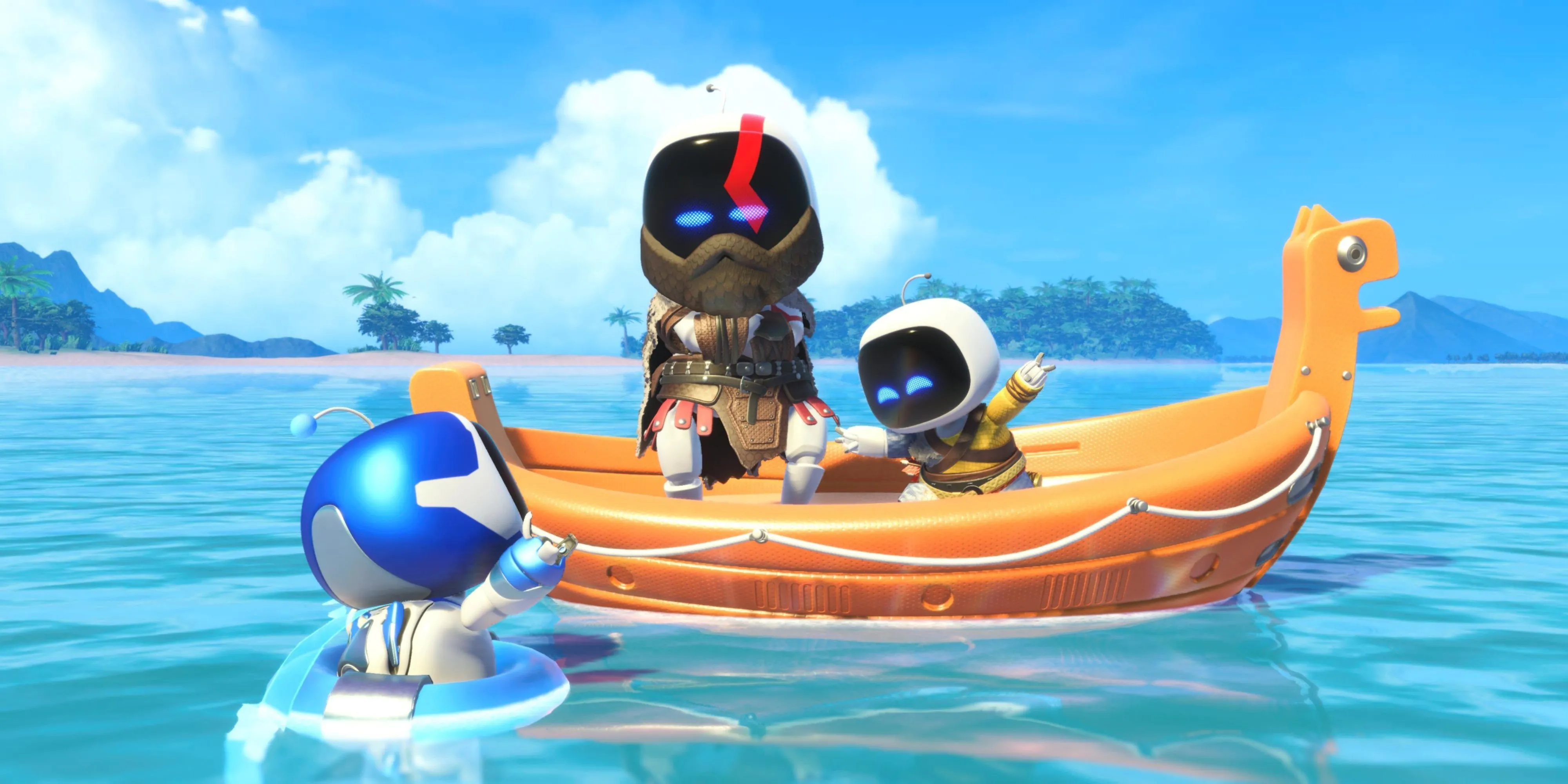 Các bot Kratos và Atreus trên thuyền giúp chú robot Astro Bot.