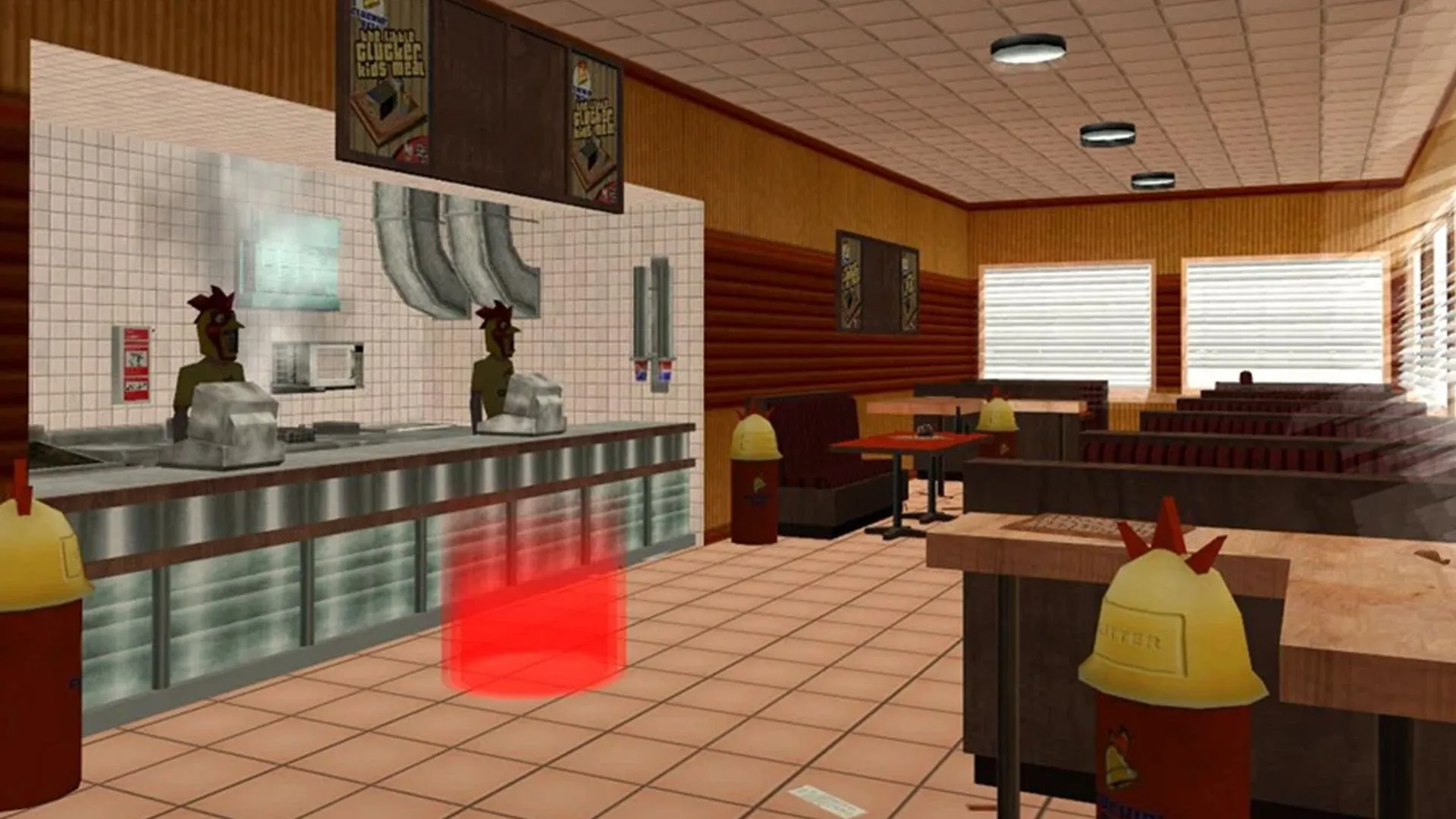 Cảnh bên trong nhà hàng Cluckin' Bell bẩn thỉu, nhớp nháp trong GTA San Andreas, nơi các băng đảng thường lui tới.