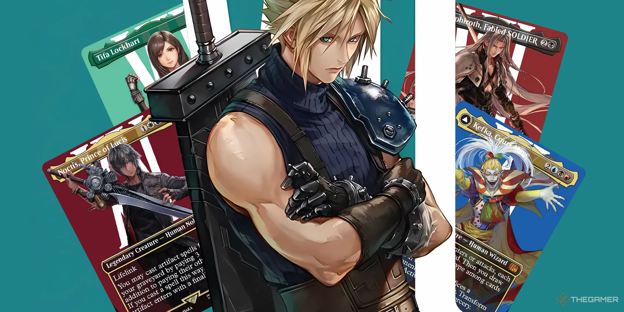 Cloud Strife từ Final Fantasy VII đứng trước các thẻ bài Magic The Gathering