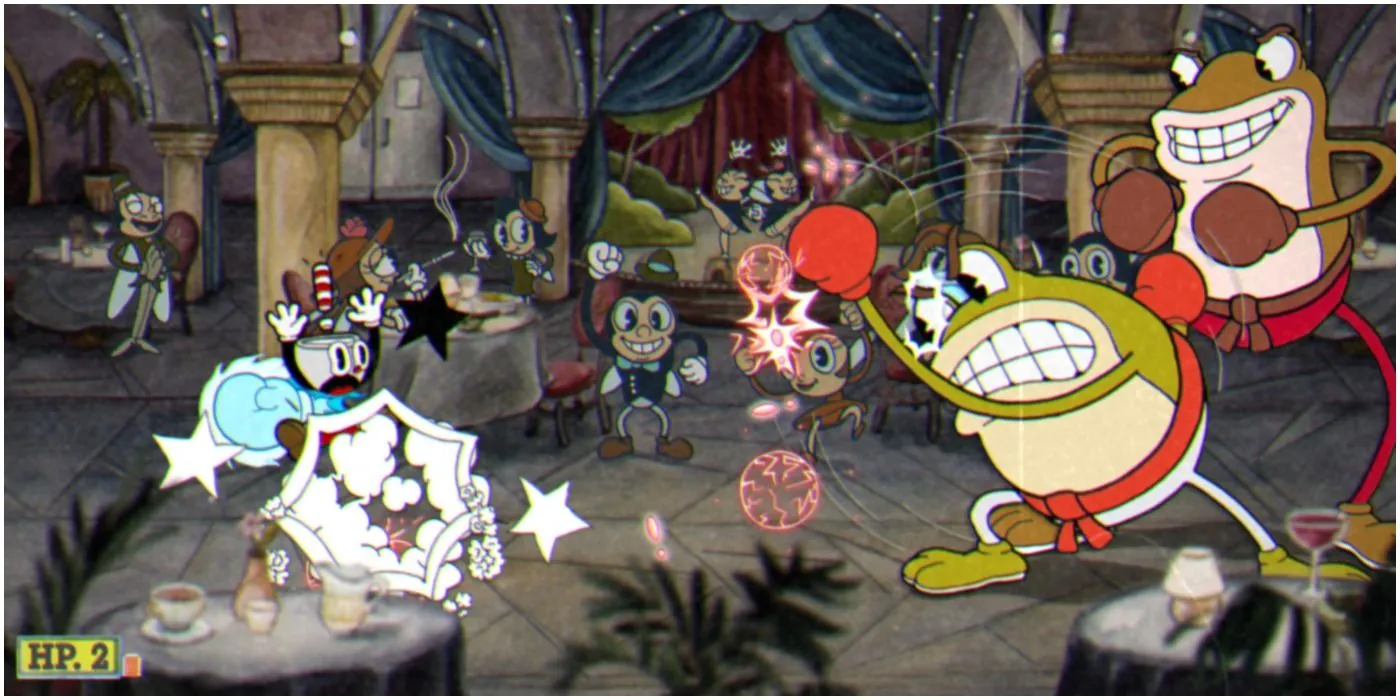 Cuphead đang chiến đấu bên trong quán bar Clip Joint Calamity, nơi Ribby và Croaks tấn công người chơi.