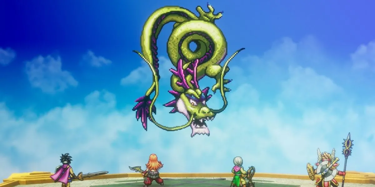 Đội hình nhân vật đối đầu với rồng Xenlon trong game Dragon Quest III HD-2D Remake