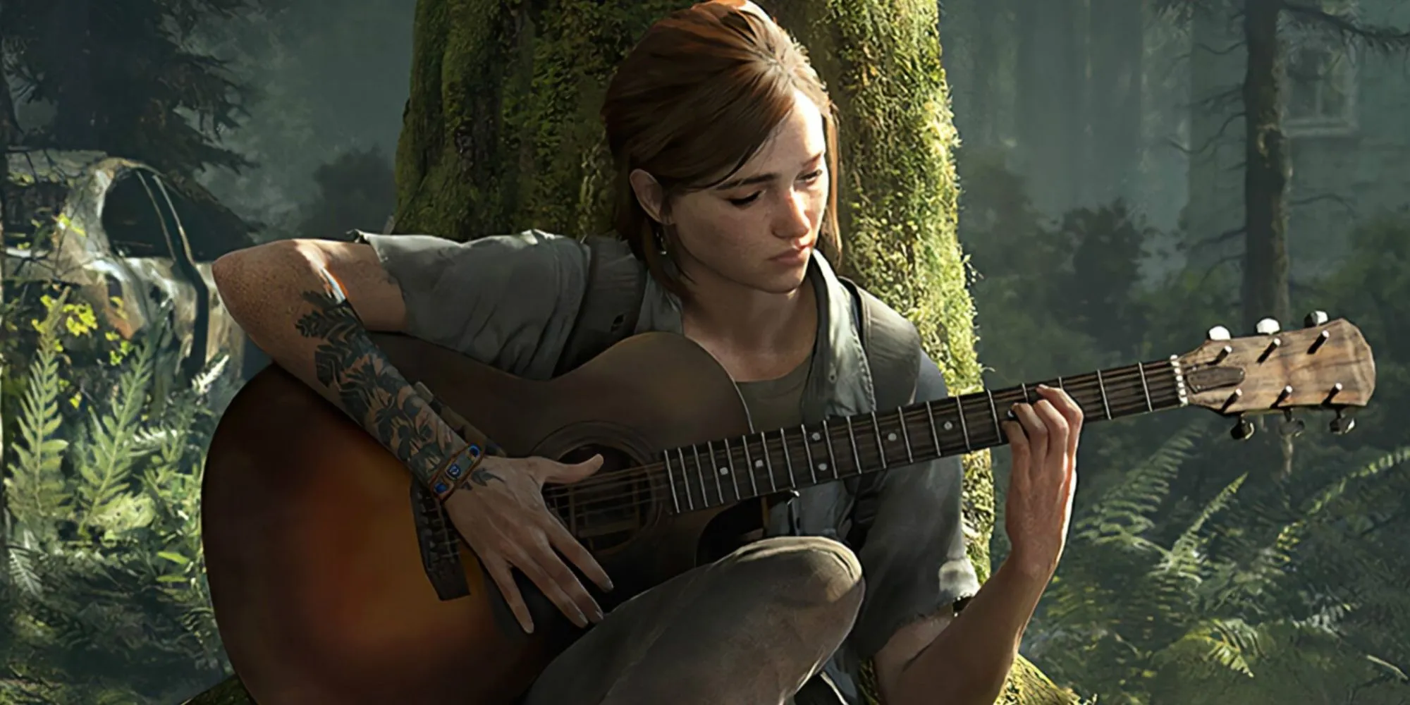 Hình ảnh Ellie chơi guitar trong rừng trong The Last Of Us Part 2.