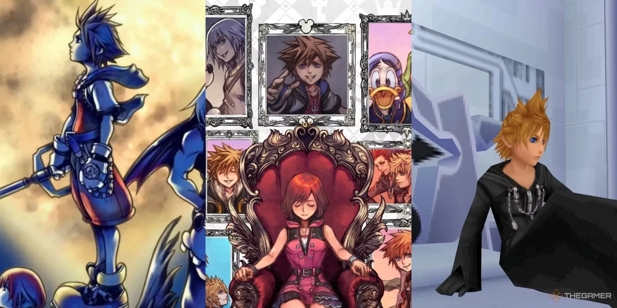 Hình ảnh minh họa các khoảnh khắc và nhân vật quan trọng trong series Kingdom Hearts, bao gồm Sora, Kairi và Roxas