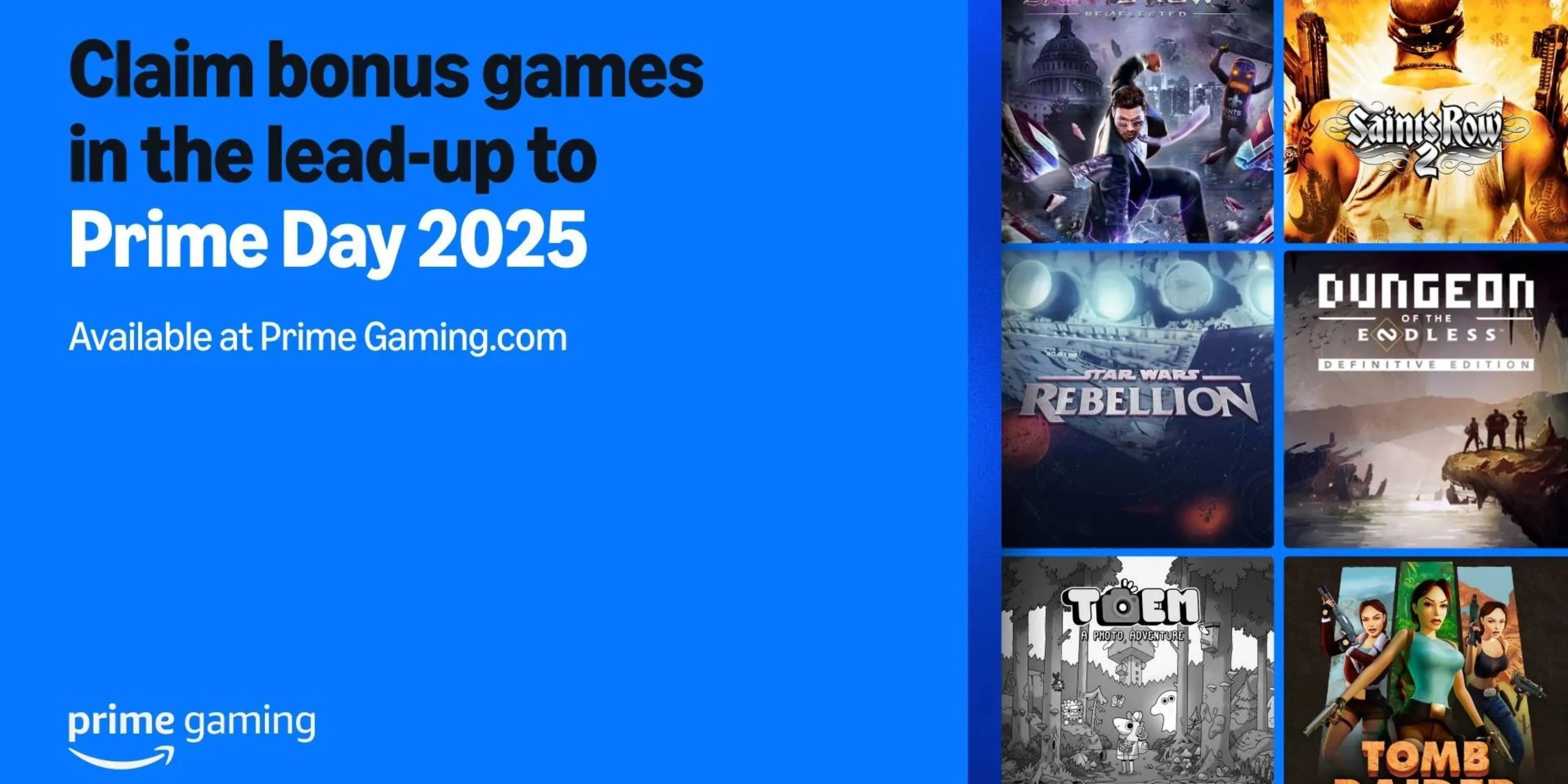 Hình ảnh minh họa các tựa game miễn phí mới được bổ sung trên Amazon Prime Gaming tháng 6 năm 2025, bao gồm Tomb Raider 1-3 Remastered, Saints Row 2, Saints Row 4, Star Wars Rebellion, TOEM, và Dungeon of the Endless.
