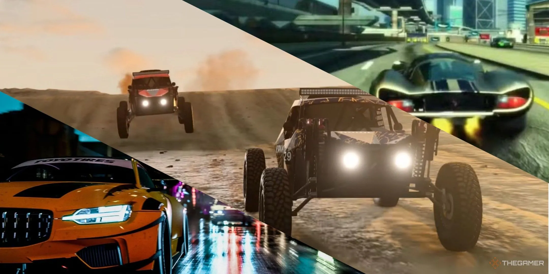 Hình ảnh tổng hợp cảnh đua xe trong các game thế giới mở nổi bật, bao gồm Burnout Paradise
