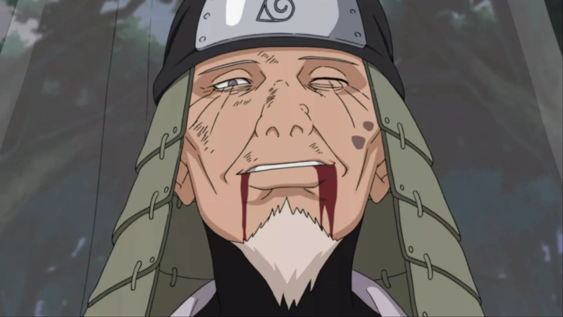 Hokage đệ Tam Hiruzen Sarutobi mỉm cười sau khi phong ấn Orochimaru bằng Tử Thi Quỷ Ấn
