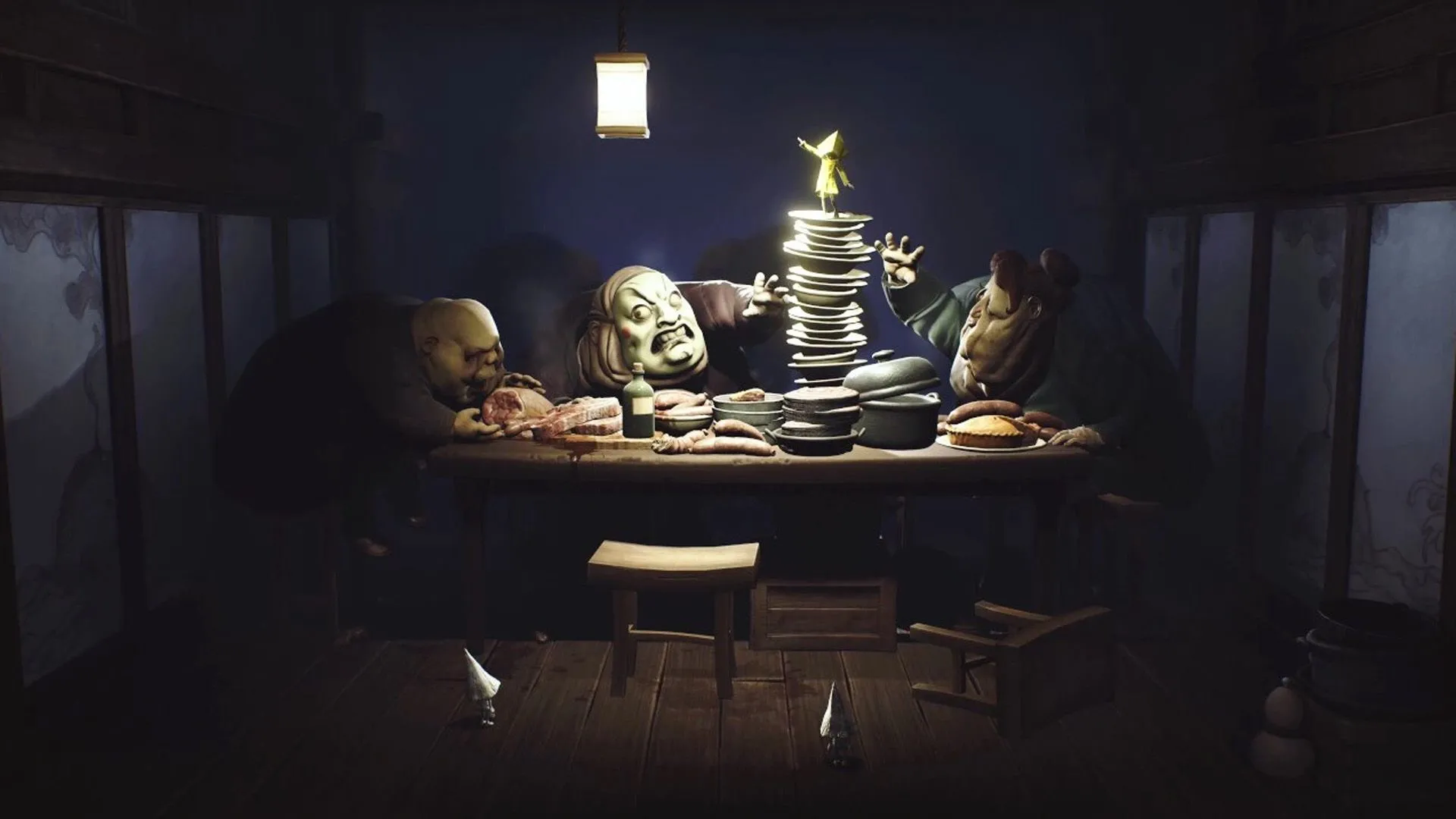 Khu vực ăn uống của Khách (The Guest Area) trong Little Nightmares, một phòng ăn khổng lồ với thực khách gớm ghiếc và bữa tiệc thịt người.