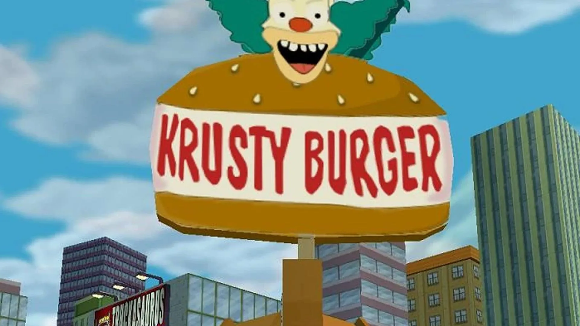 Logo Krusty Burger trong Simpsons Hit &amp; Run, biểu tượng của món burger đáng ngờ do chú hề Krusty làm chủ.