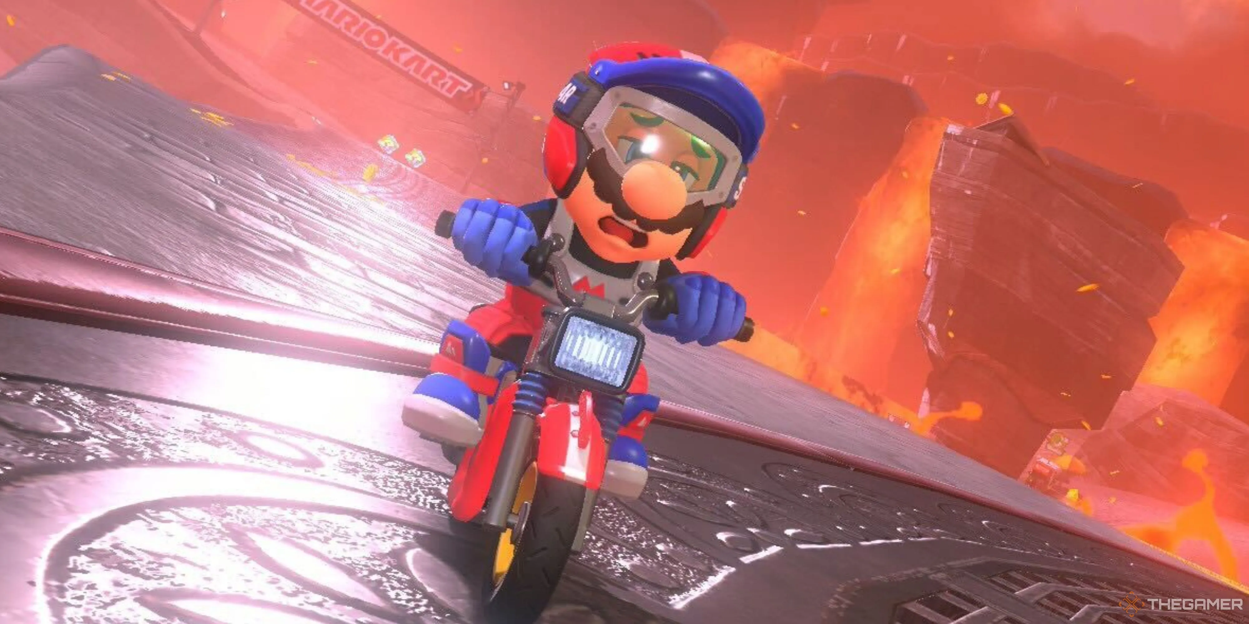 Mario trong Mario Kart World ngồi trên chiếc xe máy.
