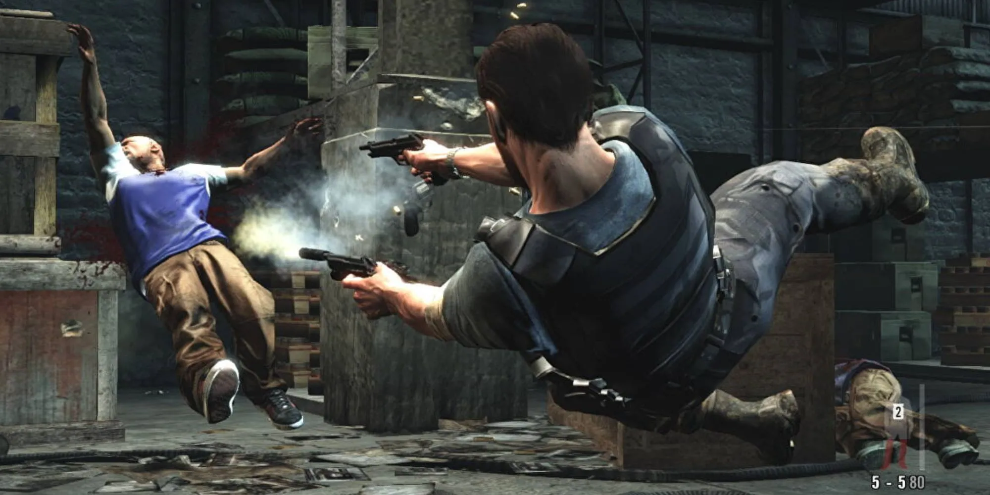 Max Payne sử dụng kỹ năng Bullet Time đặc trưng, vừa nhảy vừa bắn súng