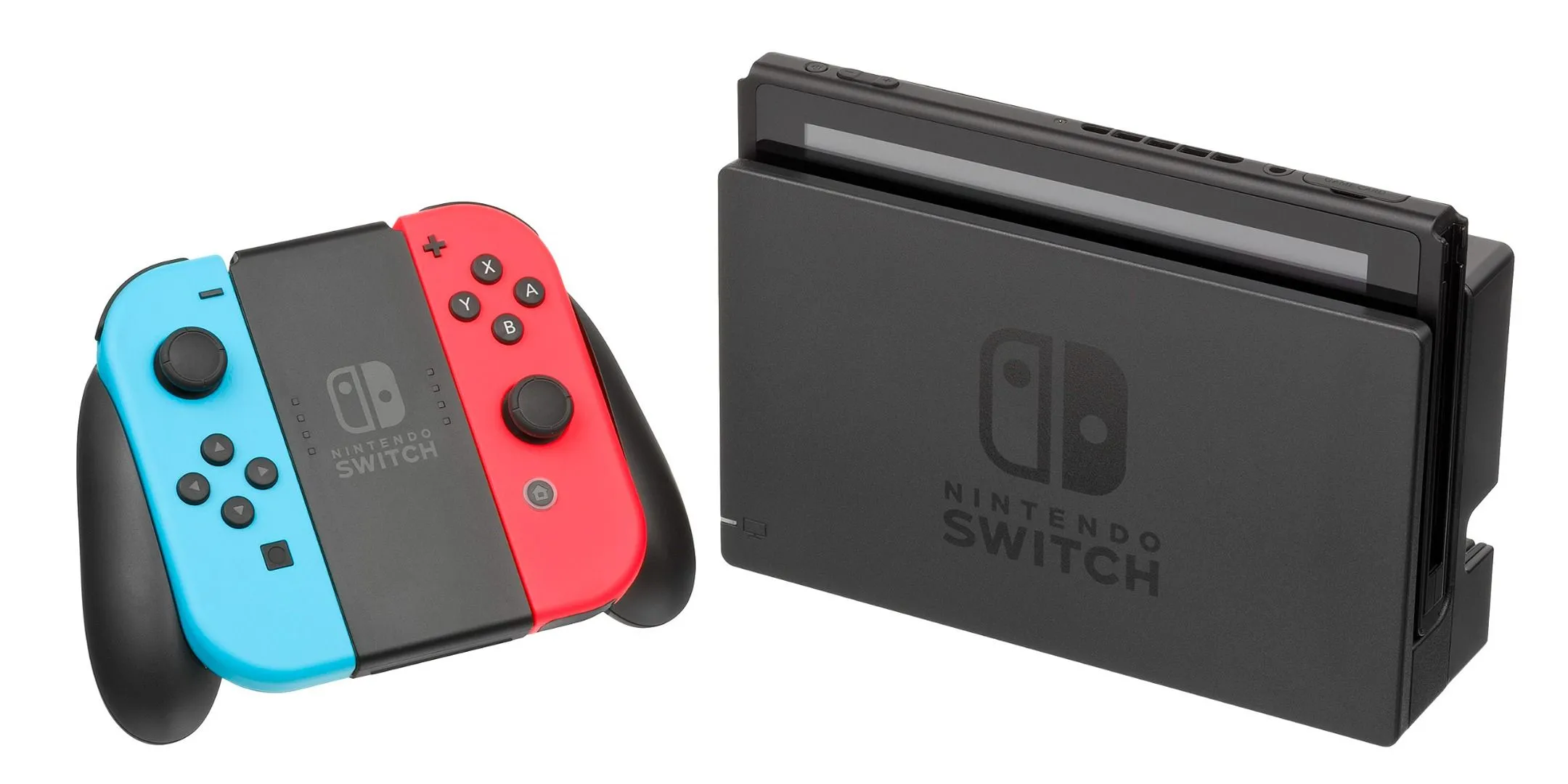 Máy chơi game Nintendo Switch đặt theo chiều ngang với Joy-Con gắn vào