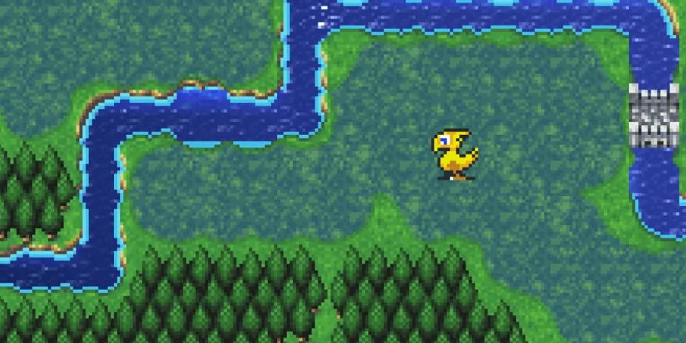 Một chú Chocobo đang chạy trên bản đồ thế giới trong Final Fantasy 2 Pixel Remaster