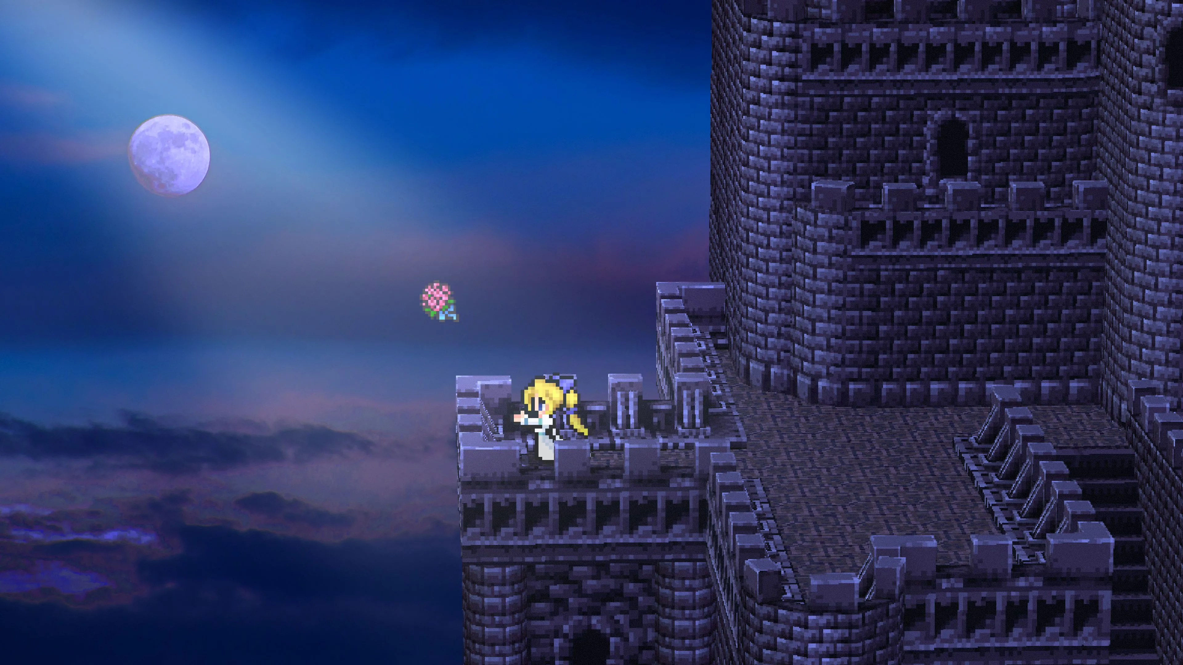 Một nhân vật từ Final Fantasy 6 đứng trên ban công dưới ánh trăng