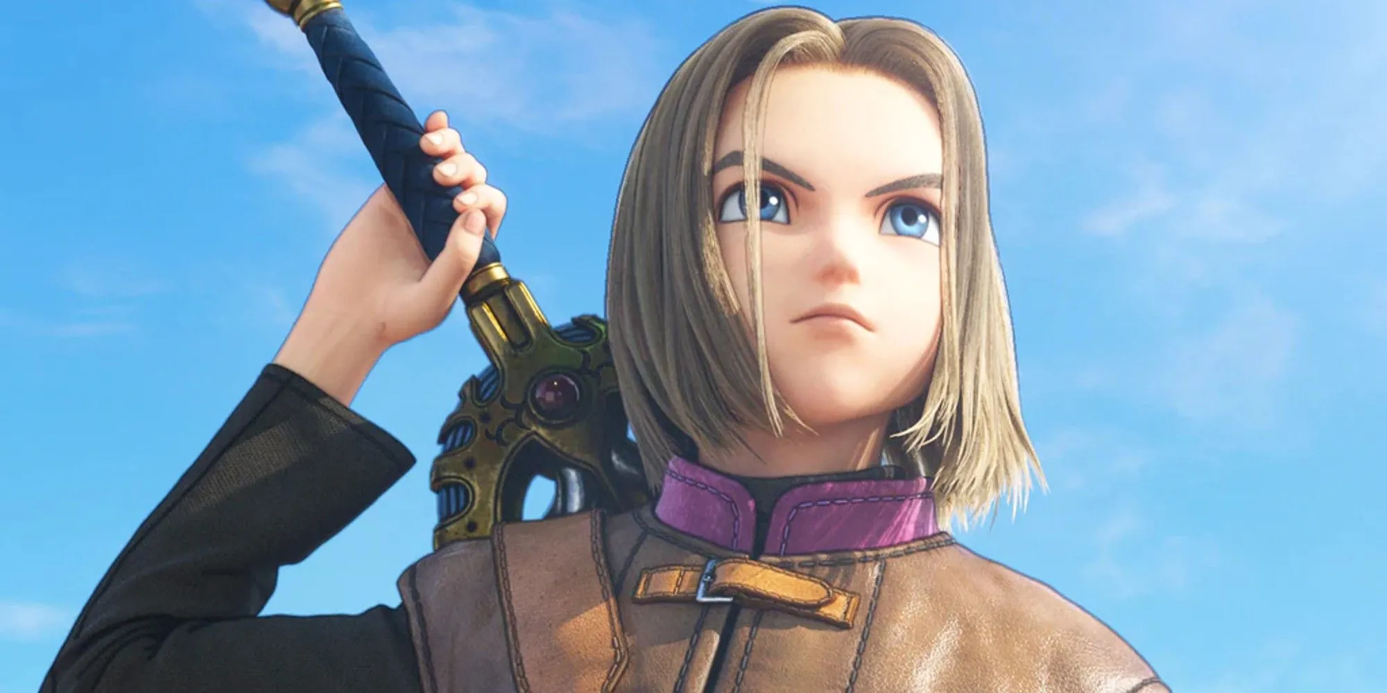 Nhân vật anh hùng (Hero) cầm kiếm trước bầu trời xanh trong ảnh minh họa game Dragon Quest XI