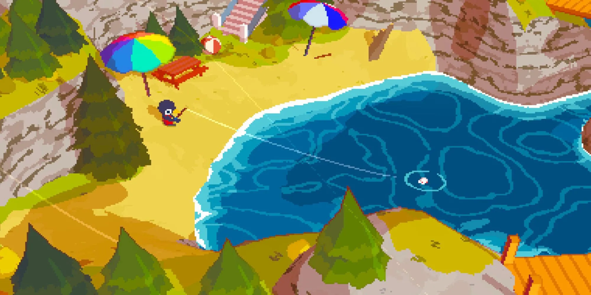 Nhân vật câu cá trên bãi biển trong game A Short Hike