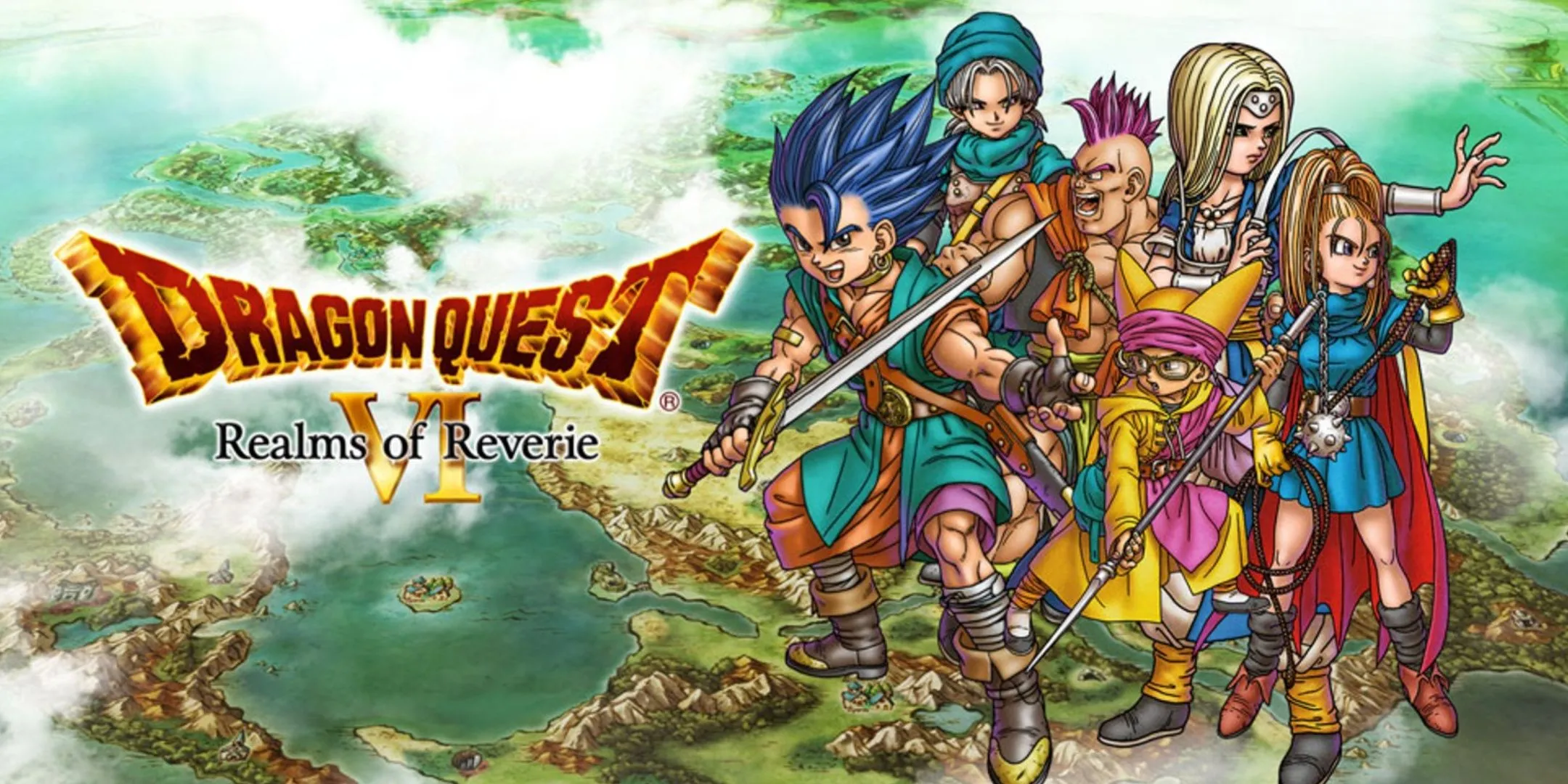 Nhân vật chính và bản đồ thế giới trong ảnh quảng bá Dragon Quest VI: Realms Of Revelation
