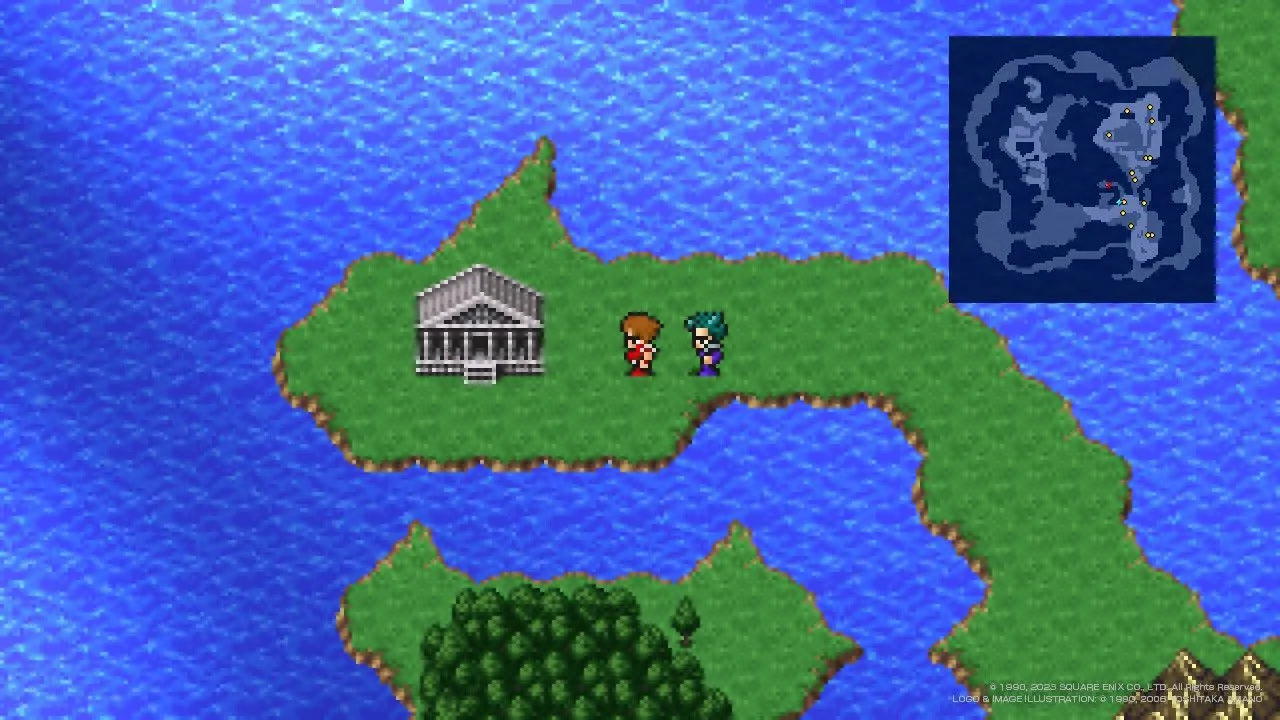 Nhóm nhân vật đi qua bản đồ thế giới cùng với Desch để đến Đền Nepto trong Final Fantasy 3 Pixel Remaster