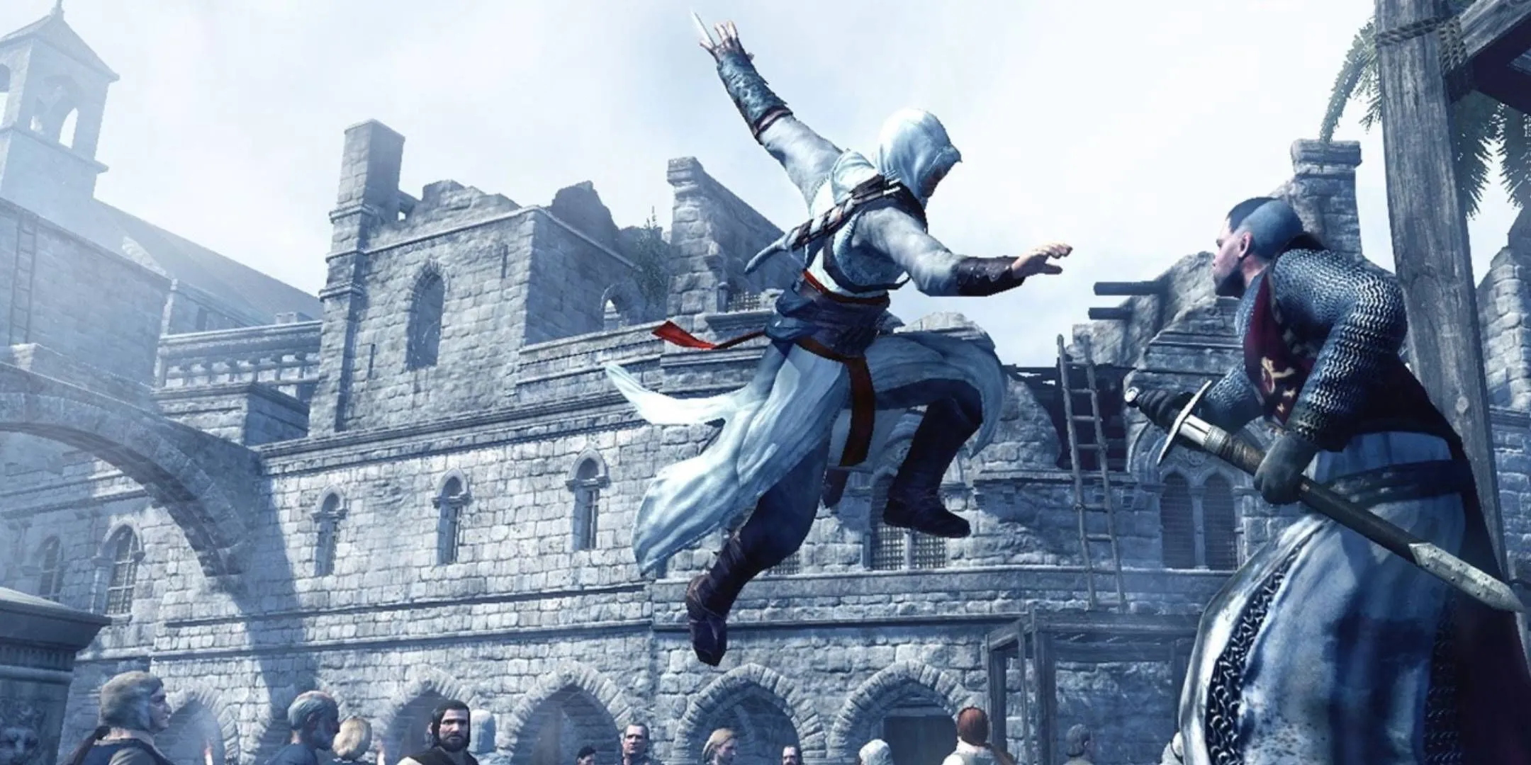 Sát thủ Altair thực hiện pha ám sát từ trên cao với lưỡi dao ẩn trong Assassin's Creed