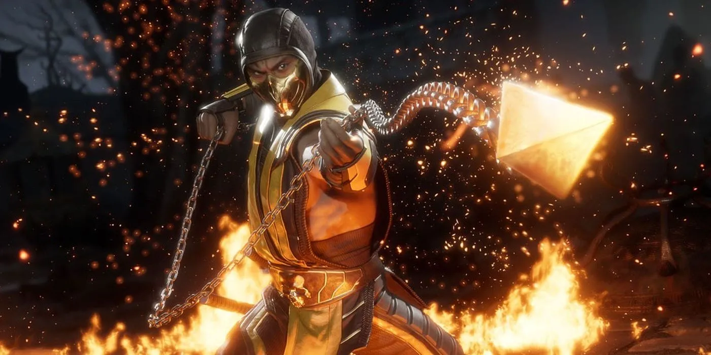 Scorpion thực hiện chiêu 'Get Over Here' bằng xích móc trong Mortal Kombat 11