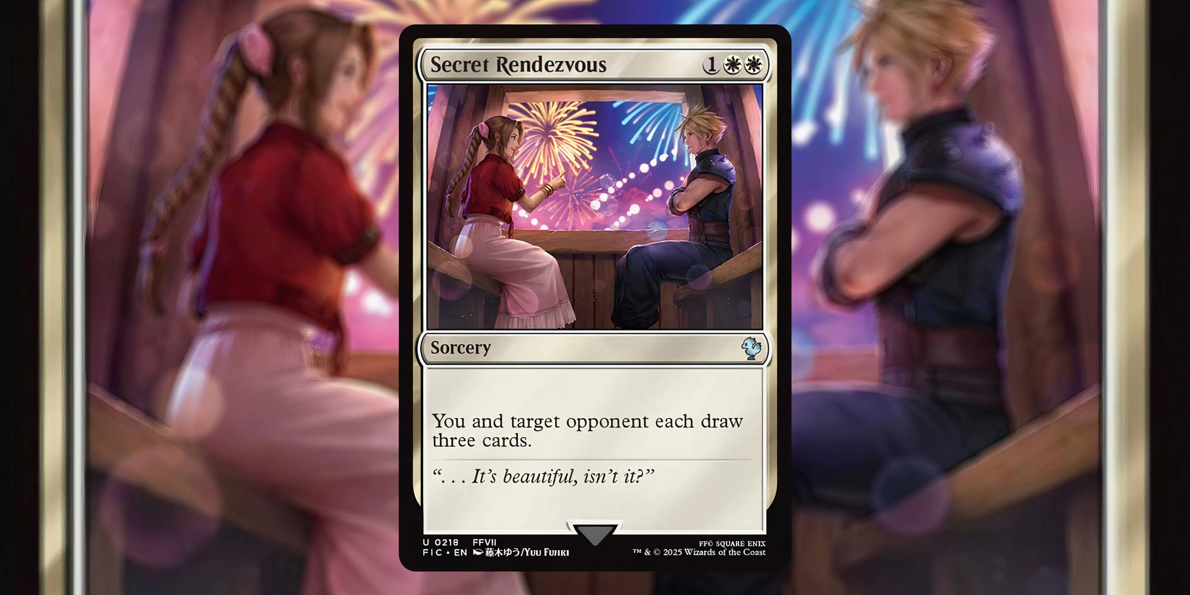 Thẻ bài Secret Rendezvous (Aerith) mô tả cảnh hẹn hò ở Gold Saucer trong MTG FF7