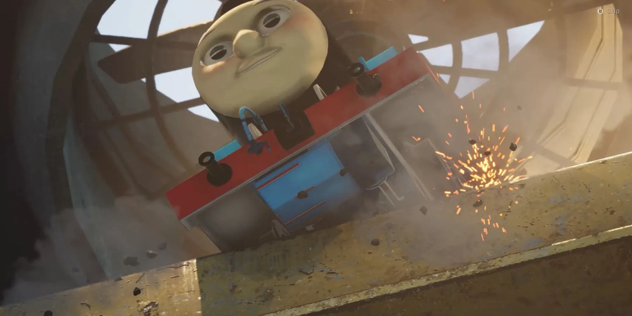 Thomas the Tank Engine nhìn xuống người chơi trong vai trò boss Stalker trong Stellar Blade.