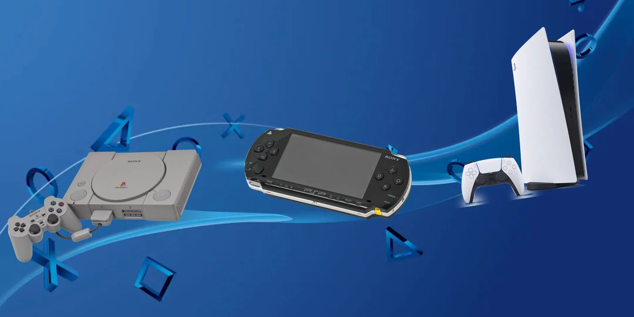 Tuyển tập các máy console PlayStation như PSX, PSP và PlayStation 5, thể hiện lịch sử phát triển của dòng máy.