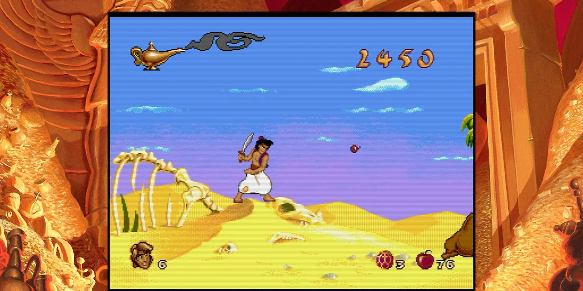 Aladdin cầm kiếm và ném táo trong game Disney's Aladdin phiên bản Sega Genesis, bối cảnh Agrabah.