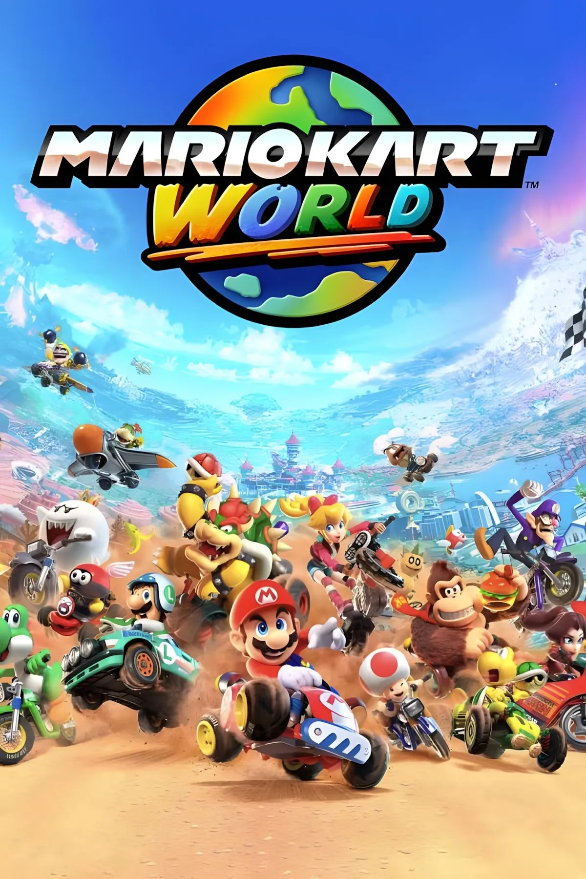 Ảnh bìa chính thức của game Mario Kart World, thể hiện tính năng thế giới mở và các nhân vật