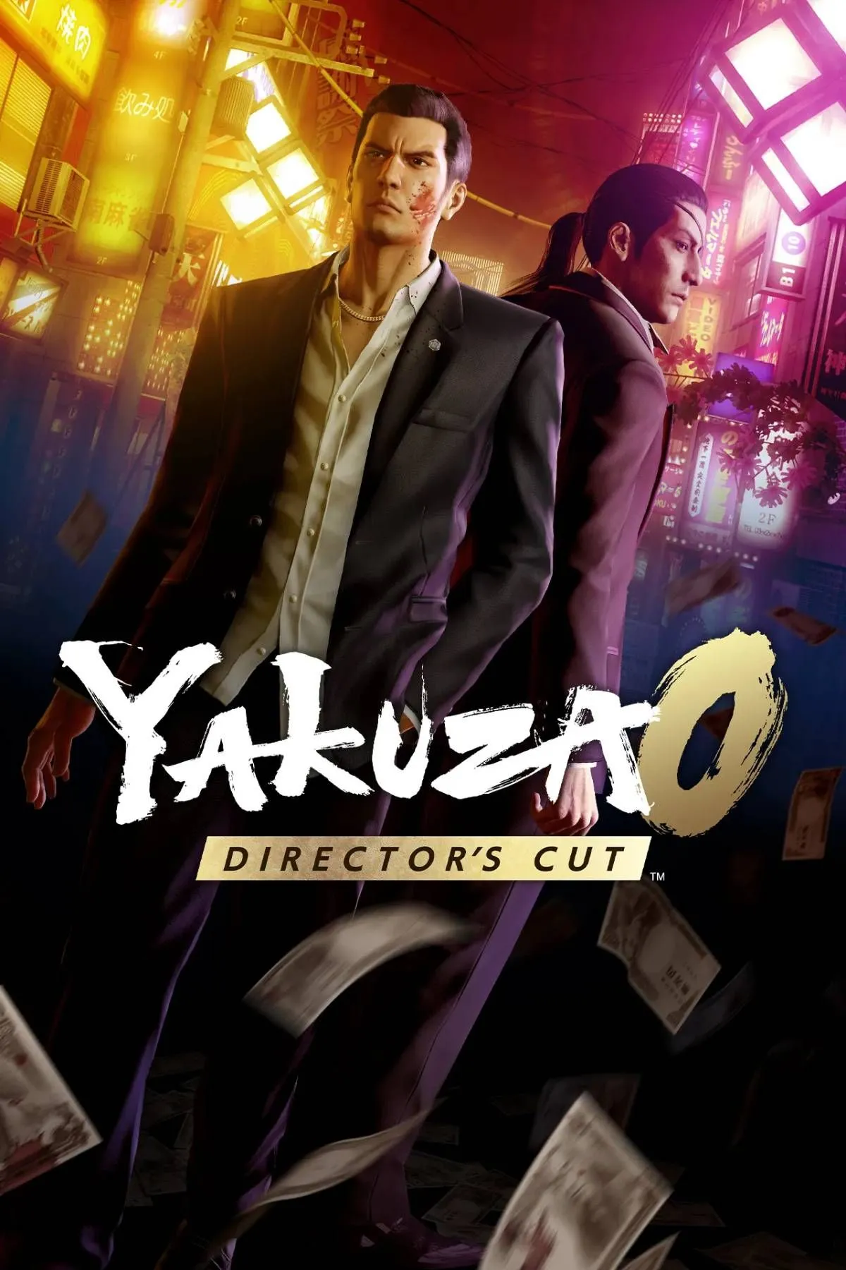 Ảnh bìa Yakuza 0 Director's Cut với Kiryu và Majima cùng biểu tượng rồng huyền thoại, thể hiện phong cách hành động, tội phạm kịch tính trên Nintendo Switch 2.