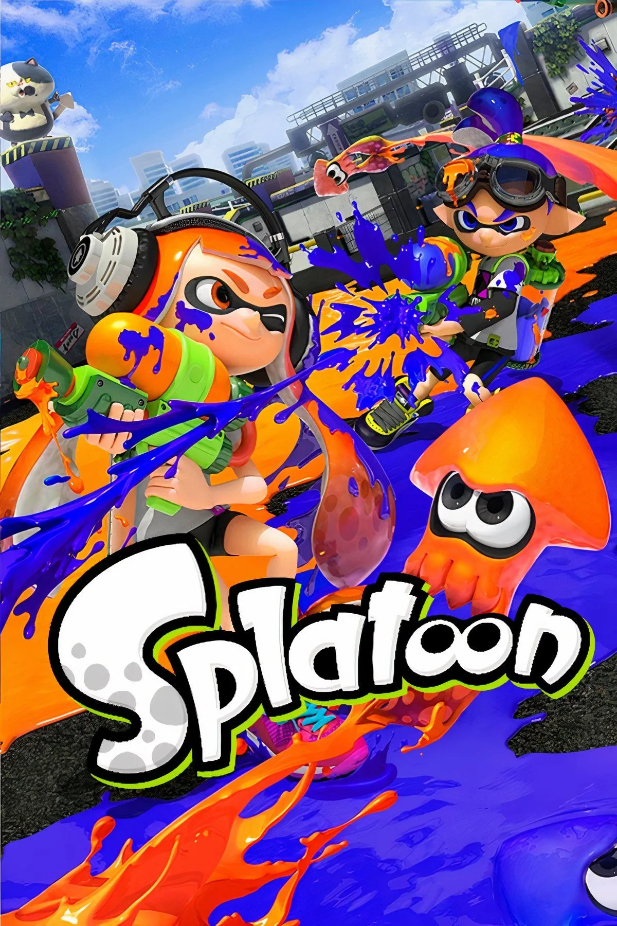 Ảnh tổng hợp mô tả phong cách đồ họa và gameplay bắn mực màu trong Splatoon.